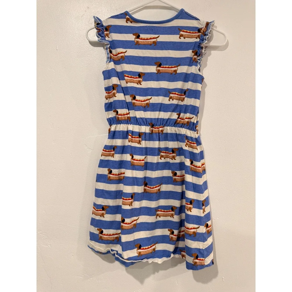 Mini Boden Girls Blue White Striped Hot Dog Dachshund Ruffle Dress Size 11-12Y